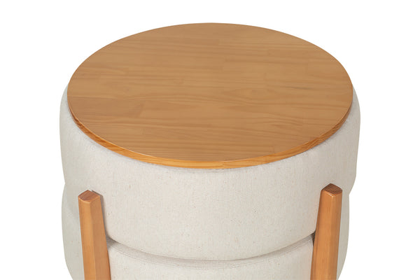 puff mesa macaron na cor amêndoa e tecido bege detalhe tampo