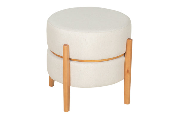 puff mesa macaron na cor amêndoa e tecido bege visto na diagonal em fundo branco