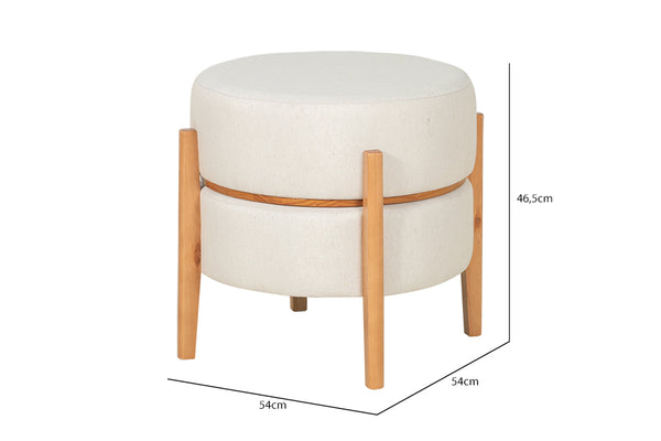 puff mesa macaron na cor amêndoa e tecido bege visto na diagonal em fundo branco e medidas