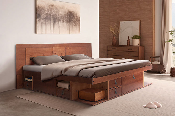 quarto com cama de madeira com cabeceira extensível bali casal queen king cor caramelo