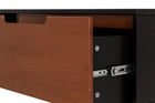 rack madeira kepler garapa e preto em fundo infinito focando nos detalhes da gaveta