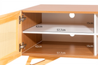 rack para sala 120 cm yono freijó e rattan com porta aberta e medidas internas escritas na imagem