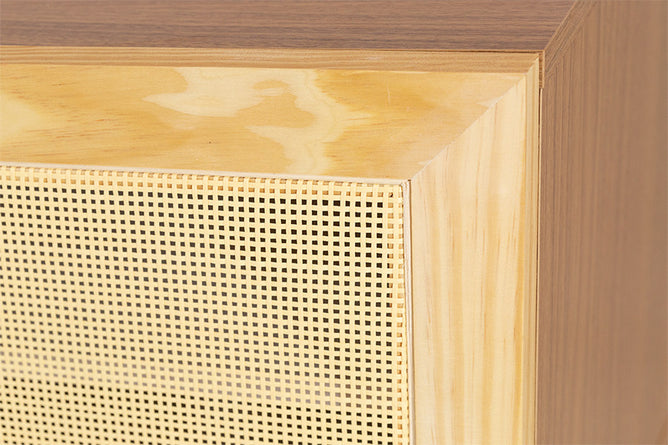 rack para sala 120 cm yono freijó e rattan detalhe palha