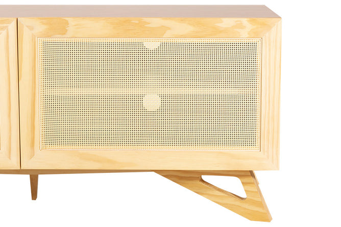 rack para sala 120 cm yono freijó e rattan mostrando detalhe da porta