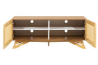 rack para sala 120 cm yono freijó e rattan visto de frente com portas abertas em fundo branco