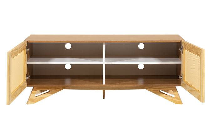 rack para sala 120 cm yono freijó e rattan visto de frente com portas abertas em fundo branco