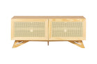rack para sala 120 cm yono freijó e rattan visto de frente em fundo branco
