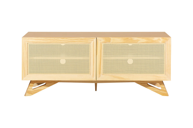 rack para sala 120 cm yono freijó e rattan visto de frente em fundo branco