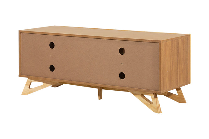 rack para sala 120 cm yono freijó e rattan visto de tras em fundo branco
