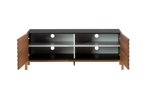 rack para sala 126 cm yono preto e jatobá visto de frente com portas abertas e com fundo branco