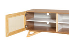 rack para sala 180 cm yono freijó e rattan com uma porta aberta mostrando prateleiras internas em fundo branco