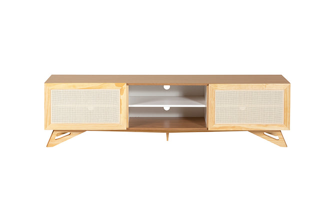 rack para sala 180 cm yono freijó e rattan visto de frente em fundo branco
