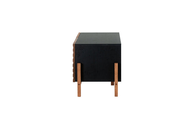 rack para sala pequena 126 cm yono preto e jatobá visto de lado com fundo branco