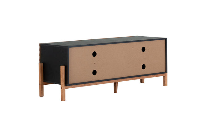 rack sala 126 cm yono preto e jatobá visto de trás com fundo branco