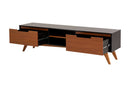 rack tv kepler garapa e preto em fundo infinito com gavetas abertas