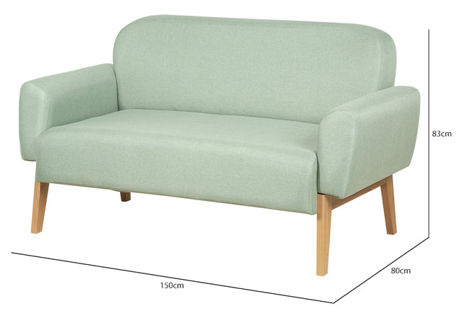 sofa 2 lugares agnes natural e tecido verde visto em perspectiva com medidas escritas na imagem
