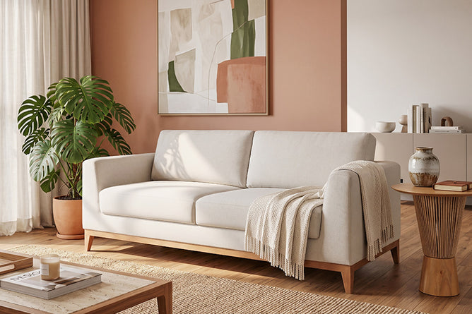 sofa 3 lugares chanfre 180 linho ambientado na sala de estar