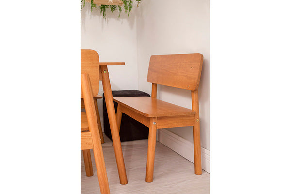 Banco com 2 lugares Baviera cor nozes visto de lado ambientada com mesa de jantar