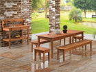 Foto ambientada com banco de madeira bertioga jatoba com mesa de jantar e banquetas de madeira