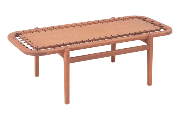 mesa para sala de centro cipo jatoba e corda preta em fundo infinito visto de cima