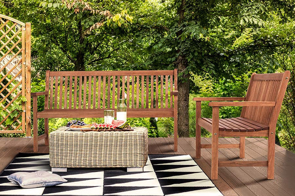 área externa com banco de madeira para jardim 2 lugares recanto jatoba 