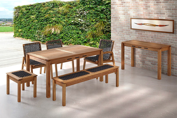 area gourmet com banco de madeira 2 lugares jatoba e corda preta com mesa e bancos
