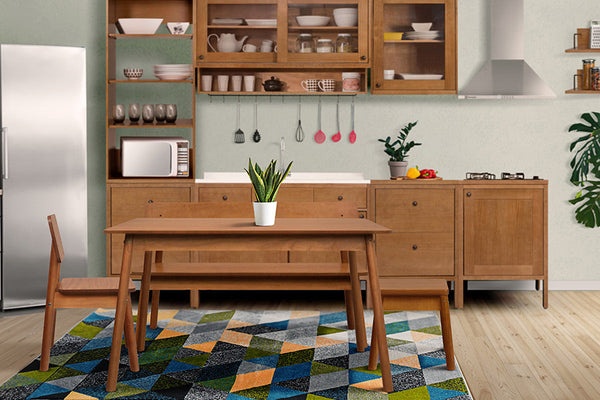 banco com encosto baviera 3 lugares ambientado na cozinha com mesa e cadeira baviera 