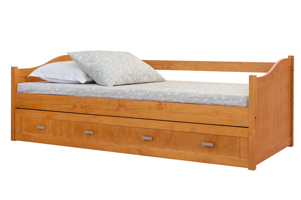 bicama solteiro modulo cerezo vista pela diagonal com colchao lencol e travesseiro com cama debaixo fechada