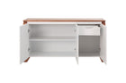 buffet moderno para sala de jantar 3 portas prisma garapa e off white em fundo infinito visto de frente com portas e gaveta abertas
