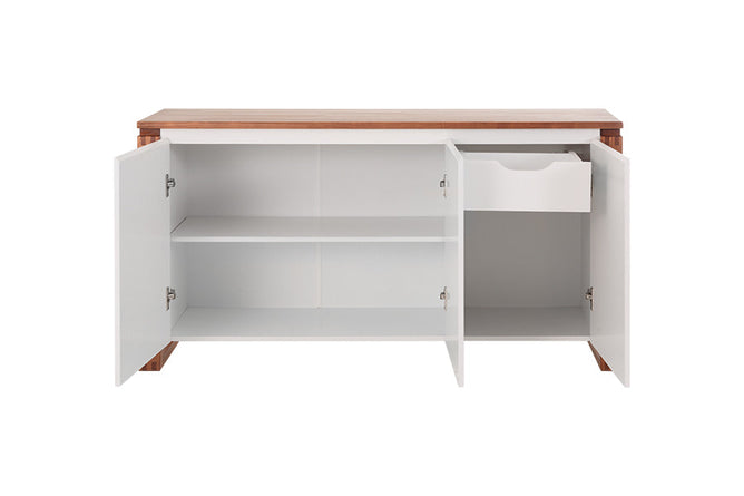 buffet moderno para sala de jantar 3 portas prisma garapa e off white em fundo infinito visto de frente com portas e gaveta abertas