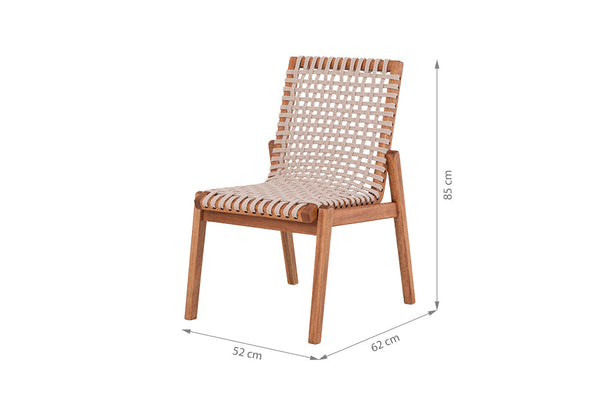 cadeira de madeira trama kit com 2 jatoba e corda areia em fundo infinito vista na diagonal com medidas escritas na imagem