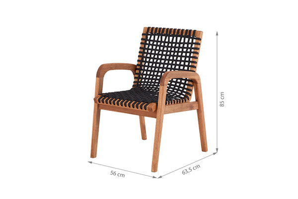 cadeira para cozinha com braco trama jatoba e corda preta em fundo infinito com medidas importantes descritas na imagem
