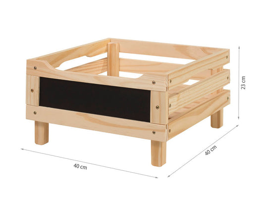 caixa de madeira organizadora empilhavel legno cru vista na diagonal com medidas escritas na imagem