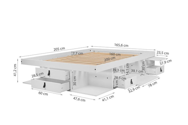 cama com gavetas queen size bali branco giz vista na diagonal sem colchao com medidas importantes escritas na imagem