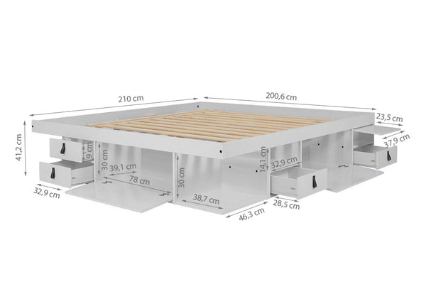 cama de casal king com gavetas king size bali branco giz na diagonal com medidas importantes escritas na imagem