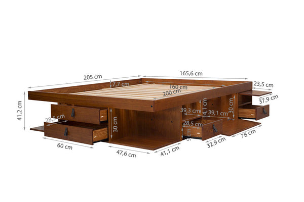 cama multifuncional queen size bali caramelo vista na diagonal com medidas escritas na imagem