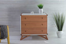 comoda aparador 3 gavetas baori branco e jatobá vista de frente decorada com plantas
