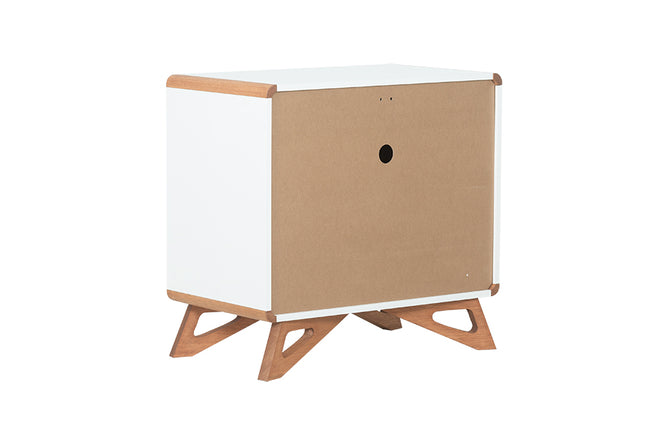 cômoda casal 3 gavetas baori branco e jatobá vista de trás em fundo branco