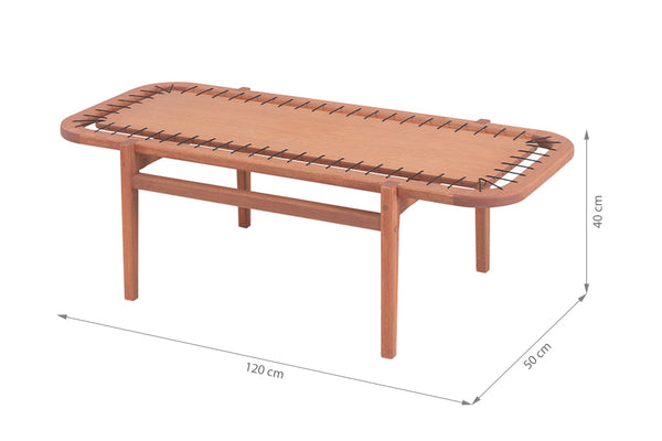 mesa de madeira cipo jatoba e corda preta em fundo infinito visto na diagonal com medidas importantes descritas na imagem