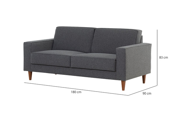 foto do sofá 2 lugares nairóbi na cor nozes e tecido cinza escuro vista na diagonal em fundo branco com medidas escritas na imagem