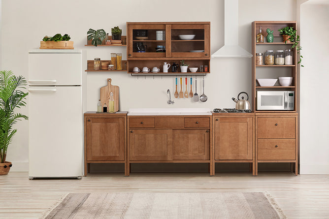 foto ambientada da cozinha modular sabor caseiro composta por vários móveis