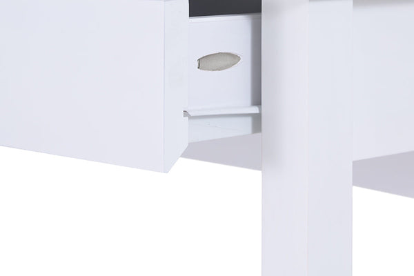 escrivaninha branca com gavetas 120 duna branco giz mostrando gaveta aberta vista de lado e mostrando corredica metalica