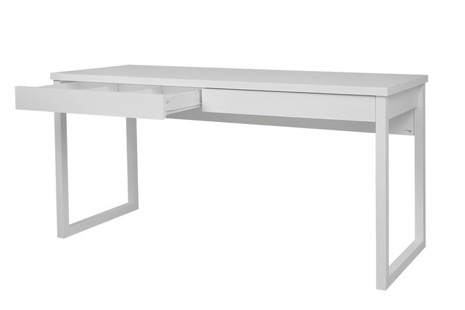escrivaninha mdf 160 duna branco giz vista na diagonal com gavetas abertas