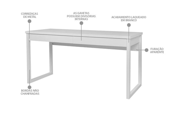 escrivaninha penteadeira 160 duna branco giz vista na diagonal com caracteristicas escritas na imagem
