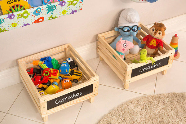 foto ambientada de 2 caixas organizadora infantil cru empilhavel legno cru vistas de cima