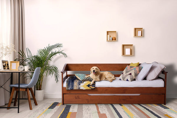 foto ambientada do sofa 3 lugares cama flora caramelo visto de frente com colchao lencol e travesseiro e cama debaixo fechado e cachorro em cima da cama