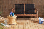 foto ambientada do sofa madeira 2 lugares trama jatoba e corda preta em varanda coberta