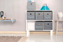 foto ambientada estante com caixas organizadoras tools branco giz e quadro cinza em quarto infantil