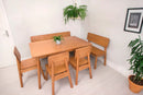 foto ambientada mesa jantar baviera nozes vista de cima com um banco 2 lugares e um banco 3 lugares e tres cadeiras