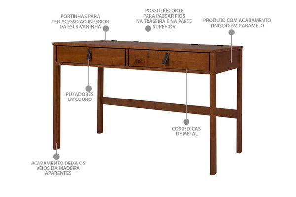 foto da escrivaninha para estudo com gavetas bali caramelo vista na diagonal com caracteristicas escritas na imagem
